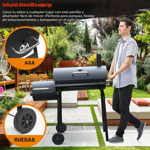 Vista 3 de Parrilla de carbón con ahumador offset: parrillas de carbón con área de cocina espaciosa Combo de parrilla de barril y ahumadores para patio