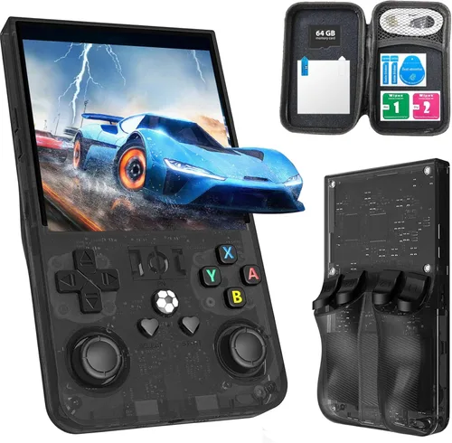 R36Max - Consola de juegos portátil, mini consola de juegos de mano retro, consola de videojuegos IPS de 4.0 pulgadas con tarjeta TF de 64 GB más de