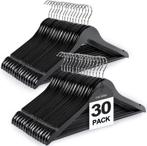 Vista 17 de TOPIA HANGER Perchas de Madera para Abrigos Paquete de 30, Perchas de Madera Vintage para Trajes con Barra Antideslizante para Pantalones, Gancho