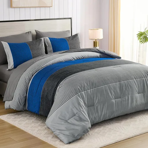 Vista 9 de Anibedding - Juego de 7 piezas cama en una bolsa, edredón negro y gris tamaño full, juego de edredón de microfibra a rayas ligeras para dormitorio