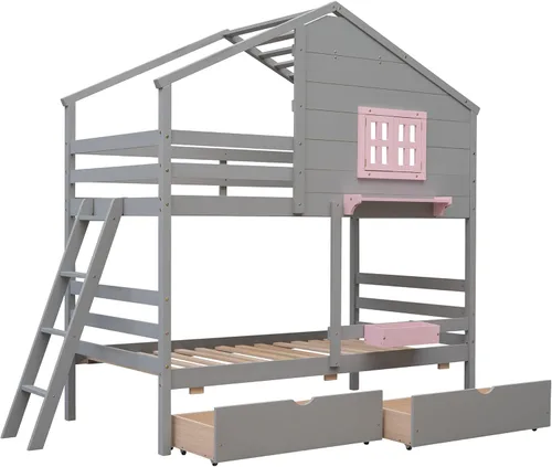 Vista 94 de Cama de casa de tamaño individual con elegantes ventanas y estantería, litera con diseño de castillo de madera con barandillas de seguridad