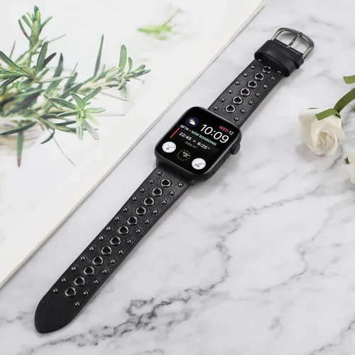 Vista 7 de Correas de cuero con tachuelas compatibles con Apple Watch, correa de repuesto para iWatch Series 10 9 8 7 6 5 4 3 2 1 SE Ultra