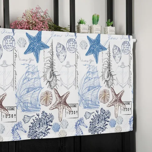 Vista 7 de Cortinas de cenefa costera para dormitorio, sala de estar, estrellas de mar náuticas, algas azules, persianas romanas para ventanas, cortinas