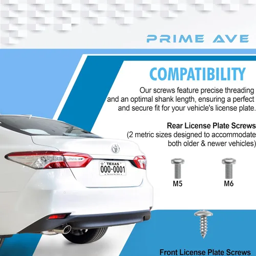 Vista 2 de Tornillos de acero inoxidable PRIME AVE para placas de matrícula, marcos, cubiertas - Juego de tornillos para placa de matrícula delantera y trasera