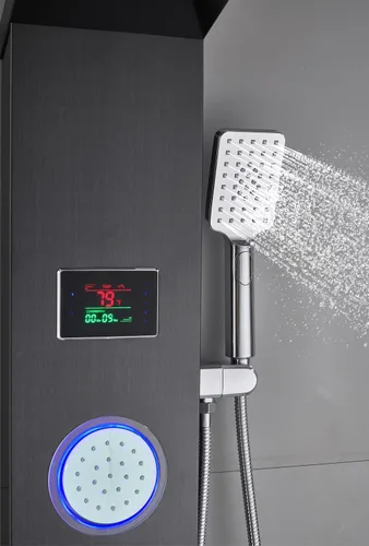 Vista 5 de ELLO&ALLO Sistema de panel de ducha, cabezal de lluvia LED y neblina, accesorios de baño de acero inoxidable con chorros de cuerpo LED, color negro