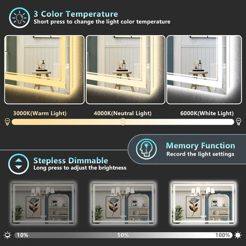 Vista 61 de Espejo de baño LED de 20 x 28 pulgadas con luces, retroiluminado y frontal iluminado antivaho para pared de baño, regulable, luz de 3