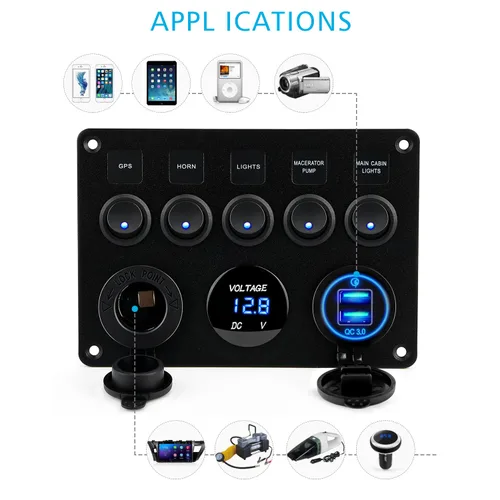 Vista 8 de Consola de 5 mandos basculantes Kohree, 12V, resistente al agua, para caravana, barco, coche, camiones, vehículos navales, panel de interruptores