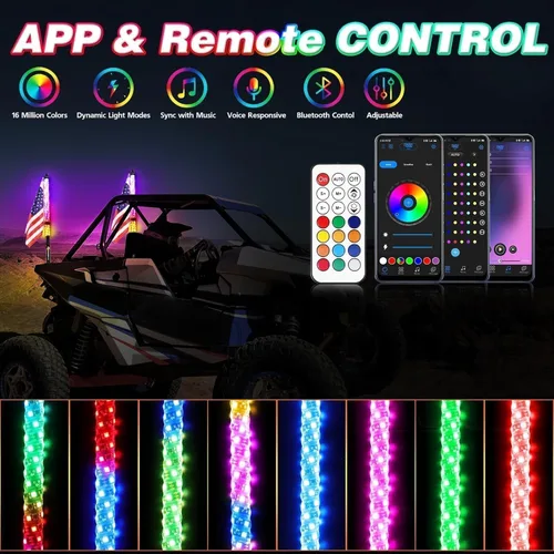 Vista 2 de Luces LED para látigo, 2 unidades, 2 pies, UTV, ATV, látigos iluminados, aplicación Bluetooth, control remoto, luces LED RGB, antenas de látigos