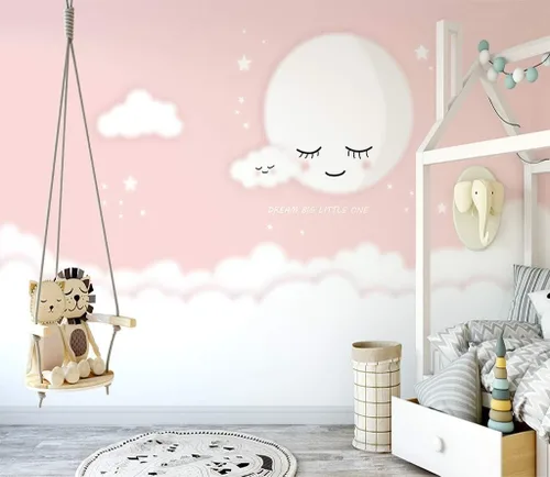 Murwall For Baby Sleeping Moon Wallpaper for Girls Pink Cloud Wall Mural Cute Moons Wall Print for Nursery Bedroom