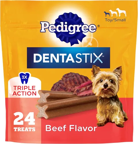 Vista 14 de Pedigree Dentastix Golosinas dentales para perros pequeños de doble sabor, tocino y pollo, bolsa de 5.08 onzas (24 golosinas)