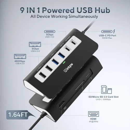 Vista 2 de P9 USB C Hub, INTPW 9-en-1 Adaptador USB Multipuerto con HDMI 4K, PD 100W, USB-C y 2 USB A 3.0 5Gbps, 2 USB A 2.0, Lector de Tarjetas SD/TF, Hub USB