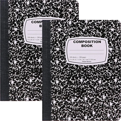 Emraw cuaderno de composición con cubierta de estilo mármol de color blanco y negro, con 100 páginas de papel blanco con renglones anchos, 2 unidades