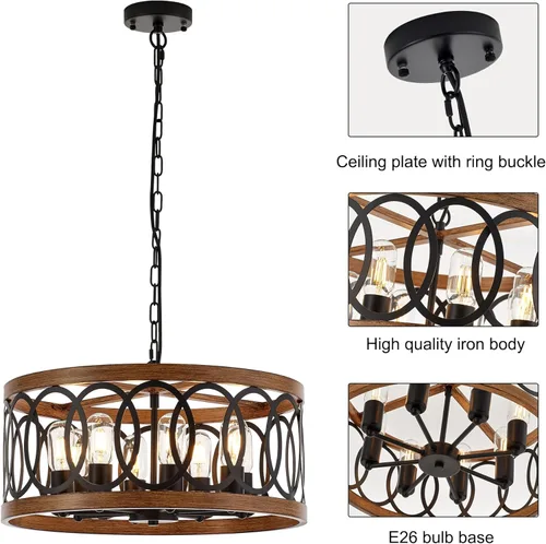 Vista 9 de Lámpara colgante de tambor de granja de 8 luces, 19.68 pulgadas, textura de madera natural, candelabros rústicos vintage, lámparas colgantes