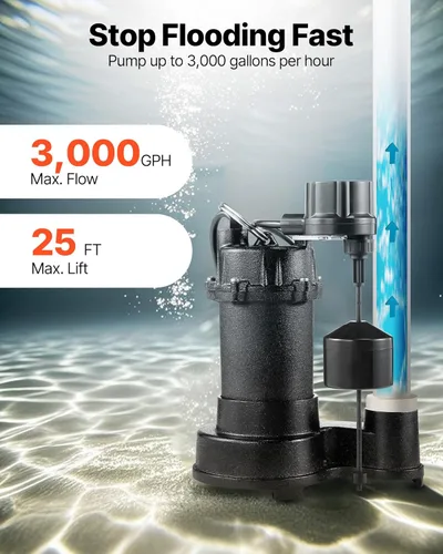 Vista 3 de VEVOR Bomba sumergible para aguas residuales, 1/3 HP, bomba de aguas residuales/efluentes de hierro fundido de 3000 GPH con interruptor flotador