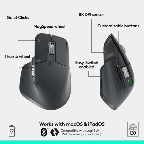 Vista 5 de Logitech MX Master 3S Mouse Inalámbrico Edición Estándar con Receptor USB Logi Bolt + Consola Creativa MX: Ratón, Teclas Programables y Dial