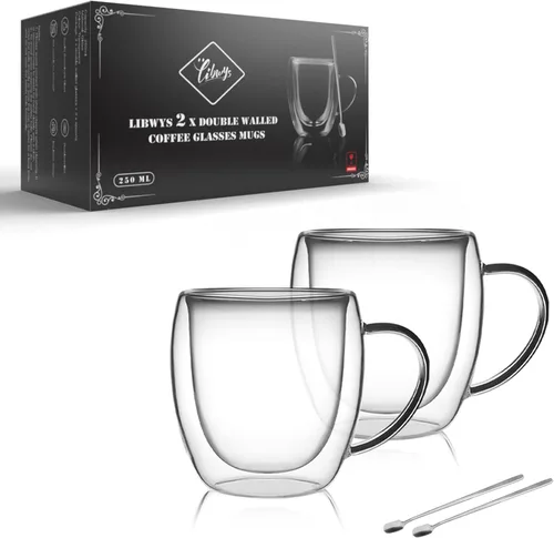 Vista 7 de LIBWYS Paquete de 6 Tazas de Café de Vidrio de Doble Pared, Tazas de 12oz para Espresso Cappuccino Latte Té con Asa, Vasos Transparentes