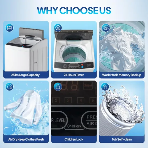 Vista 9 de ROVSUN Juego de secadora de ropa de 2.6 pies cúbicos y lavadora completamente automática de 25 libras, juego combinado de lavadora y secadora