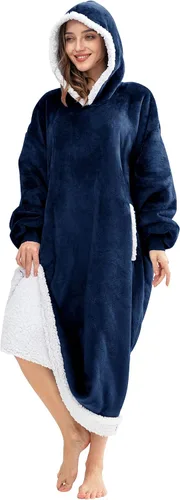 HBlife Manta larga de gran tamaño con capucha para adultos, sudadera gruesa de forro polar Sherpa con mangas elásticas y bolsillos gigantes, Azul