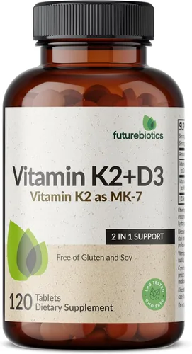 Vista 4 de Futurebiotics Vitamina K2 con D3, soporte 2 en 1, 5000 UI de vitamina D3 y 90 mcg de vitamina K2 MK-7 sin OMG, 120 tabletas