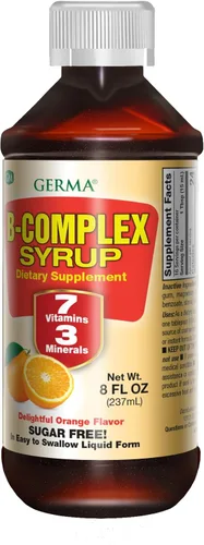 Vista 2 de Germa Jarabe de complejo B. Suplemento dietético. Ayuda para la salud ósea, el crecimiento y el desarrollo. Sin azúcar. Sabor a naranja. 8 onzas