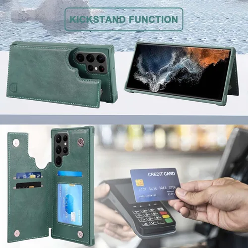 Vista 6 de VANAVAGY Funda tipo cartera compatible con Galaxy S22 con soporte para tarjetas de bloqueo RFID, piel sintética, cierre magnético, función atril