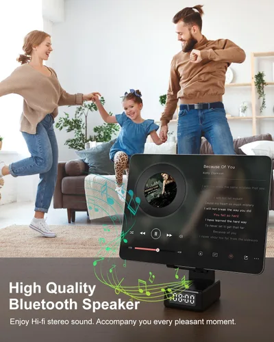 Vista 7 de Regalos para hombres Soporte de teléfono celular con altavoz Bluetooth inalámbrico y cargador inalámbrico, soporte de cargador de teléfono con reloj