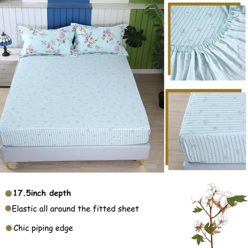 Vista 2 de FADFAY Juego de sábanas Full, ropa de cama estilo granja con rosas e hortensias, 100% algodón, floral azul, sábana bajera de bolsillo profundo, 4