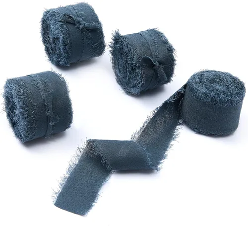 Vista 9 de 4 rollos de 1 pulgada de ancho x 5 yardas de largo, cinta de gasa con flecos hecha a mano, de chifón y seda, con bordes deshilachados