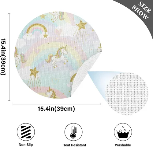 Vista 4 de Glittery Gold Unicorns Dining Room Table Placemats, Non Slip Placemats Set Washable for Kitchen Table one sizex1