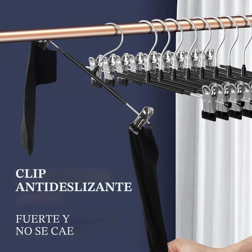 Vista 2 de Perchas para pantalones con clips, paquete de 10 perchas ajustables para falda para mujer, perchas antideslizantes para pantalones de mezclilla