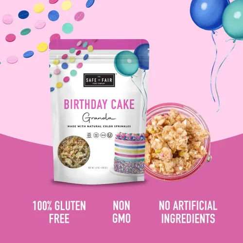 Vista 3 de Safe + Fair - Granola de Pastel de Cumpleaños, sin gluten, vegano y a base de plantas con chispitas naturales, 0g de grasas trans, sin OGM, kosher