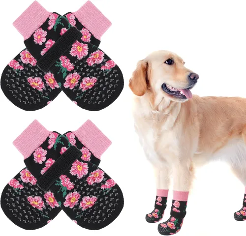 Vista 13 de SCENEREAL Calcetines antideslizantes para perros para evitar lamer patas para suelos de madera dura, zapatos de perro de doble cara botas