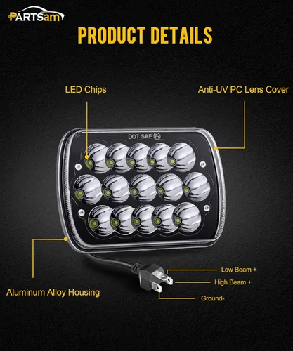 Vista 5 de Partsam 2 piezas de faros LED H6054 7x6 5x7, faros antirreflejos de haz alto/bajo sellado, compatibles con Cherokee XJ Wrangler YJ, etc