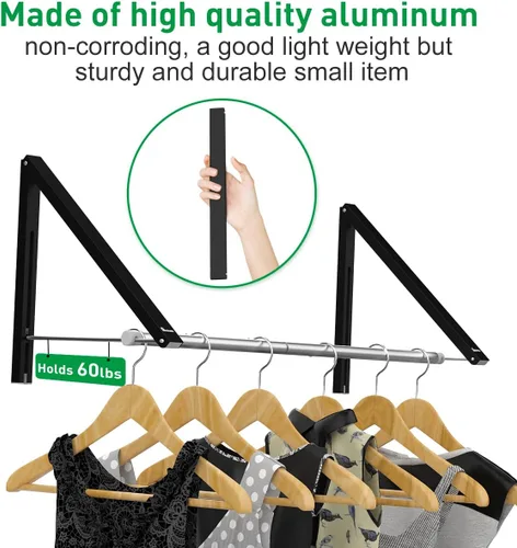 Vista 2 de Perchero Retráctil para Ropa - Perchero Plegable Montado en la Pared para Organizar el Armario de la Lavandería, de Aluminio, 2 Percheros con Negro
