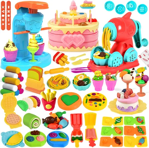 Aprilwolf Juego de 61 piezas de masa 3 en 1 para niños de 3 a 8 años, kit de herramientas de masa para manualidades, juego de helado, máquina para