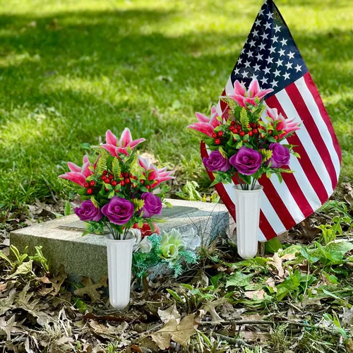Vista 8 de XONOR Flores artificiales de cementerio para tumba, juego de 4 flores artificiales conmemorativas con jarrón para cementerio al aire libre, lápidas