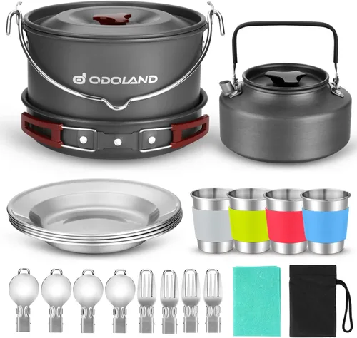 Odoland Juego de 22 utensilios de cocina para acampar, olla colgante de gran tamaño con base para 4, tazas, platos, tenedores, cucharas, kit para