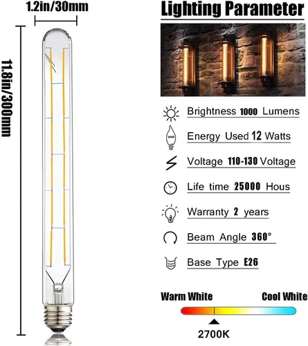 Vista 3 de Leools Bombillas de tubo LED, bombilla tubular de filamento LED T10 estilo Edison, bombilla LED antigua regulable de 12 W, base E26, vidrio