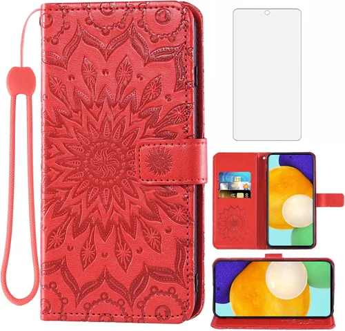 Vista 9 de Funda de teléfono para Samsung Galaxy A52 5G/4G con protector de pantalla de vidrio templado y funda delgada de cuero, soporte para tarjetas