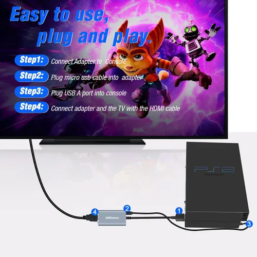 Vista 5 de Adaptador HDMI PS2PS1 - Interruptor RGB a YPbPr integrado, adaptador de videojuegos Plug & Play sin retraso, adaptador convertidor HDMI para consola