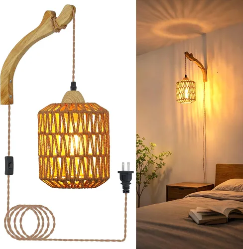 Frideko Lámpara de Pared de Ratán con Cable de Enchufe Tejida a Mano Apliques de Pared con Enchufe Lámpara de Pared de Cuerda de Papel Aplique de