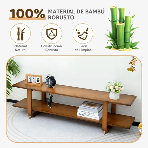 Vista 6 de HollyHOME Soporte de TV de bambú con almacenamiento para televisores de hasta 65 pulgadas, moderno centro de entretenimiento con 2 estantes