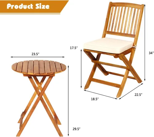 Vista 5 de Juego de 3 piezas de bistró para patio, juego de bistró plegable de madera de acacia con mesa de centro redonda y cojín acolchado, juego de mesa