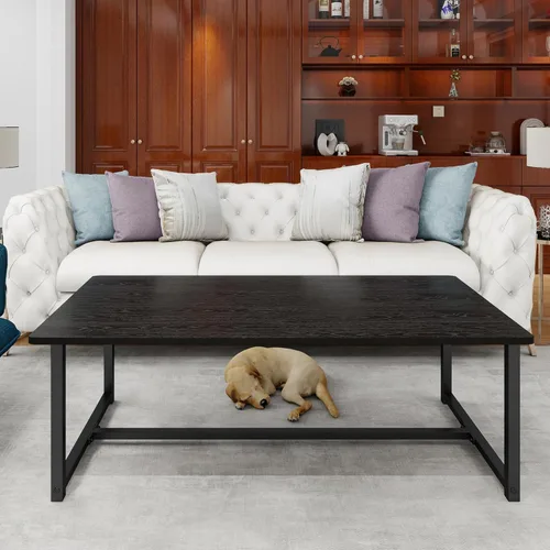 Vista 7 de Mesa de Café Negra Rectangular Mesa Central para Sala de Estar Mesa Lateral de Espacio Abierto con Marco de Metal, Fácil Montaje, Mesa de Café