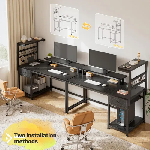 Vista 8 de EnHomee Escritorio para juegos de 40 pulgadas con tomas de corriente y luces LED, escritorio para computadora con cajón y estante de almacenamiento