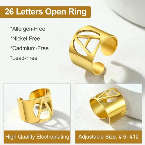 Vista 3 de KeyStyle Bold Initial Letter Rings Adjustable, GoldChic Jewelry Women Gold Statement Ring Personalized Engraved Womens Open Signet Ring for Party