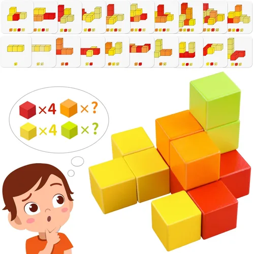 Vista 8 de Cubo de madera de juguete 16 piezas de bloques de construcción para niños, 40 tarjetas de patrón y bolsa de almacenamiento, 4 colores 3D juego