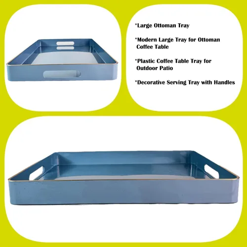 Vista 4 de Large Blue Coffee Table Tray, Decorative Serving Tray with Handles, Plastic Rectangular Tray for Ottoman, Bathroom, Living Room.16.7"*12"*1.6