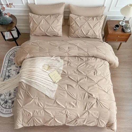 Vista 2 de Maple&Stone Juego de edredón tamaño Queen color beige, 7 piezas en una bolsa, juegos de ropa de cama con edredón, sábanas, fundas de almohada