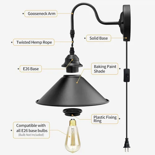 Vista 5 de Apliques de pared enchufables, juego de 2 lámparas de pared vintage con interruptor de encendido/apagado, lámpara industrial de metal negro